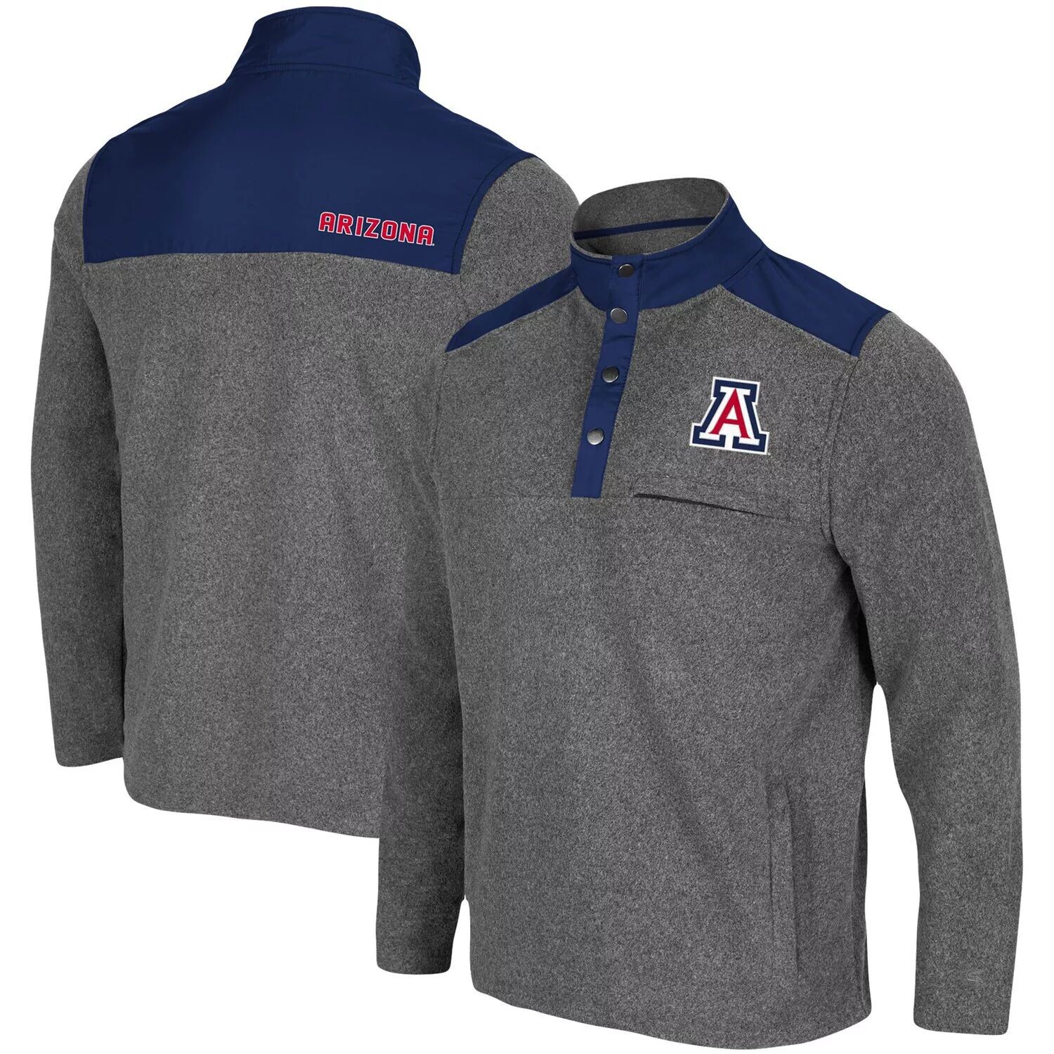 Мужской темно-серый/темно-синий пуловер Arizona Wildcats Huff Snap Snap Colosseum
Мужской темно-серый/темно-синий пуловер Arizona Wildcats Huff Snap Snap Colosseum