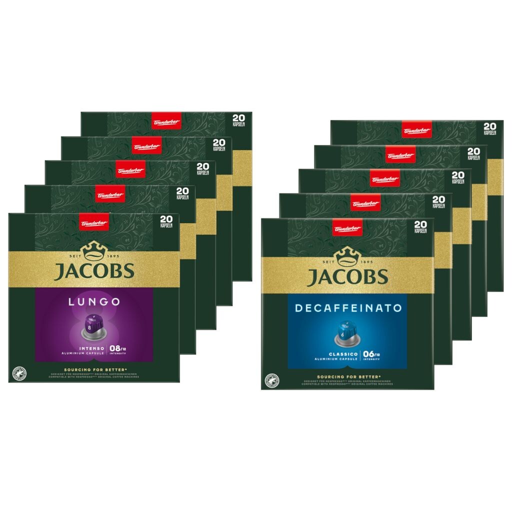 Капсулы JACOBS, совместимые с Nespresso* 5x20 Lungo 8 Intenso+ 5x20 Decaffeinato 6
Капсулы JACOBS, совместимые с Nespresso* 5x20 Lungo 8 Intenso+ 5x20 Decaffeinato 6
