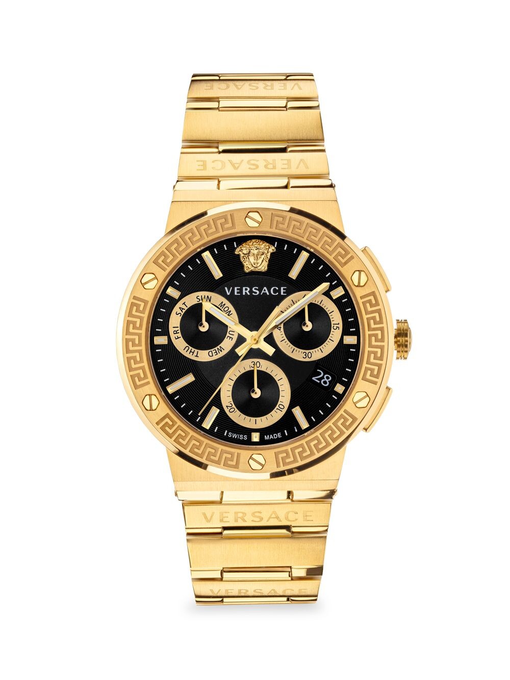 Часы Greca Logo Chrono IP из желтого золота с хронографом и браслетом Versace, черный
Часы Greca Logo Chrono IP из желтого золота с хронографом и браслетом Versace, черный