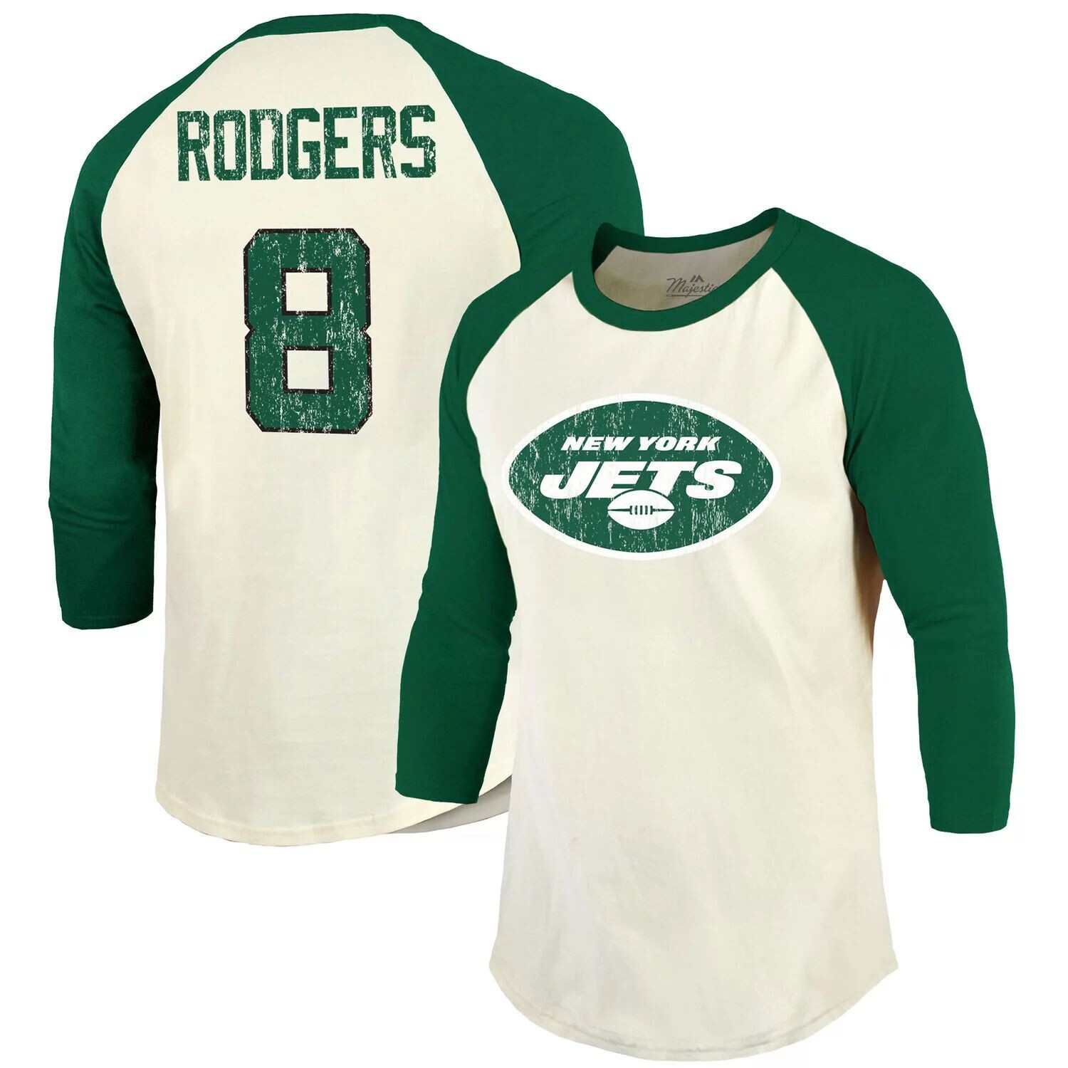 Мужская футболка Aaron Rodgers Cream New York Jets с именем и номером игрока реглан с рукавами 3/4 Majestic
Мужская футболка Aaron Rodgers Cream New York Jets с именем и номером игрока реглан с рукавами 3/4 Majestic