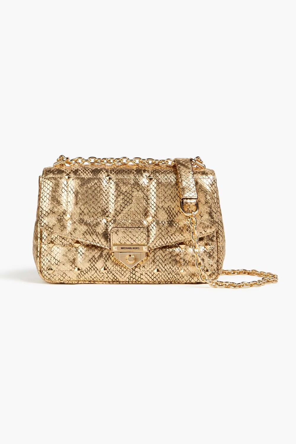 Сумка на плечо Soho из кожи со змеиным эффектом и заклепками металлик Michael Michael Kors, золото
Сумка на плечо Soho из кожи со змеиным эффектом и заклепками металлик Michael Michael Kors, золото