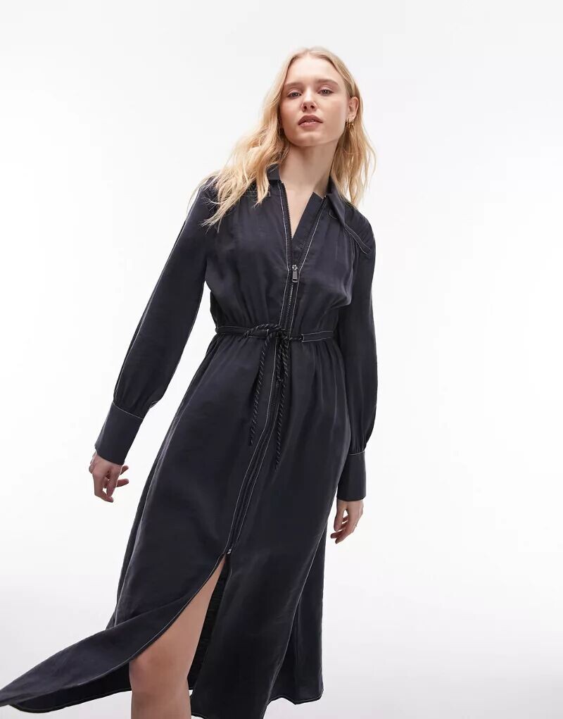Черное платье-рубашка миди Topshop с контрастной строчкой, поясом и застежкой-молнией спереди, Черный
Черное платье-рубашка миди Topshop с контрастной строчкой, поясом и застежкой-молнией спереди, Черный