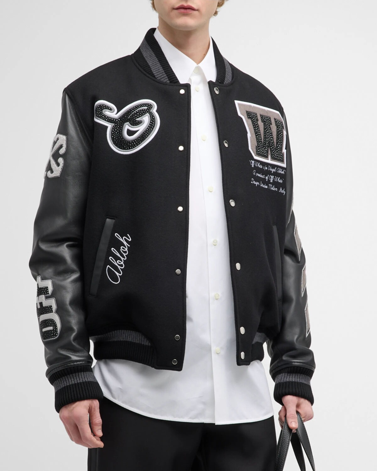 Мужская университетская куртка с кристаллами и нашивками Off-White, цвет Black
Мужская университетская куртка с кристаллами и нашивками Off-White, цвет Black