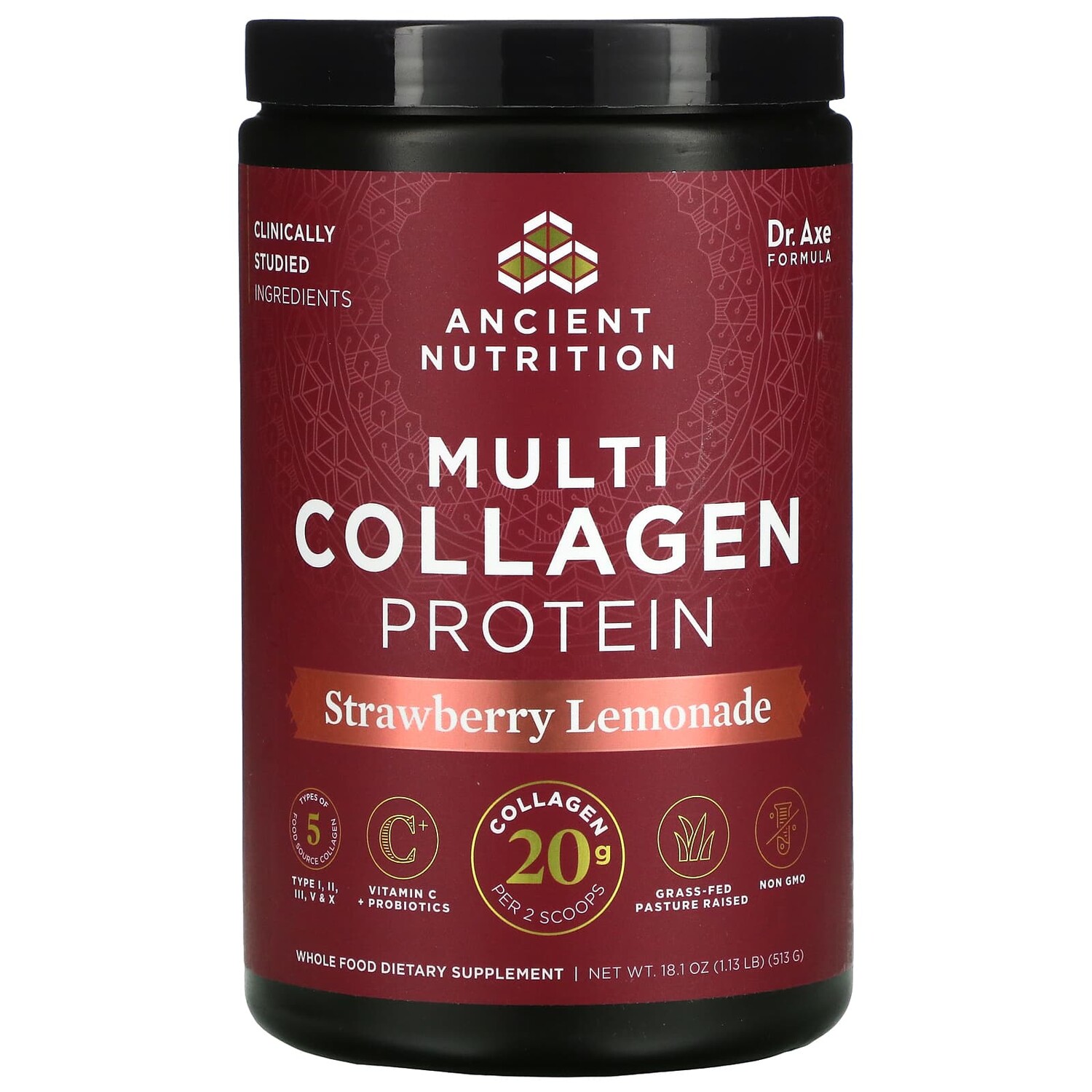 Multi Collagen Protein, Strawberry Lemonade, 1.18 lbs (535.5 g), Dr. Axe / Ancient Nutrition
Multi Collagen Protein, Strawberry Lemonade, 1.18 lbs (535.5 g), Dr. Axe / Ancient Nutrition