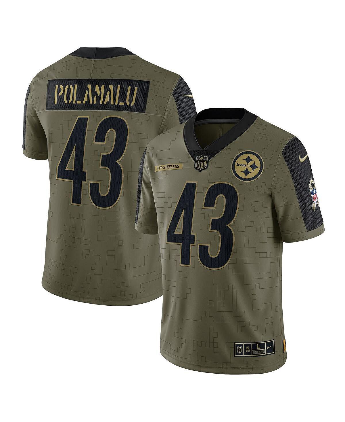 

Мужская футболка troy polamalu olive pittsburgh steelers 2021 salute to service refined player limited jersey Nike