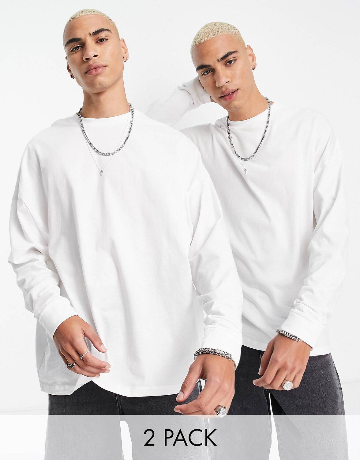 

Набор из 2 белых футболок оверсайз с длинным рукавом ASOS DESIGN
