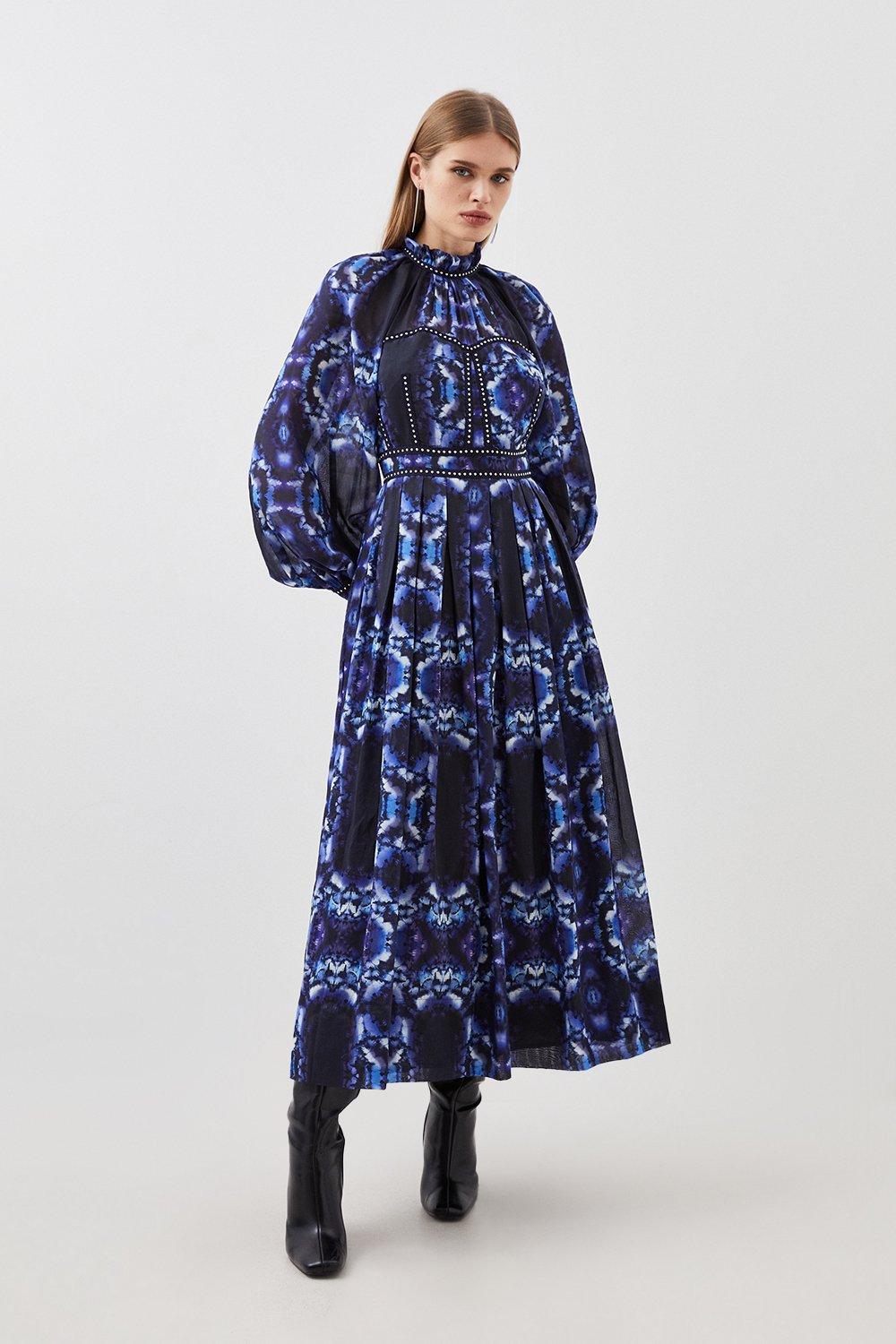 Тканое платье миди из шелкового хлопка и каймы с принтом Karen Millen, синий
