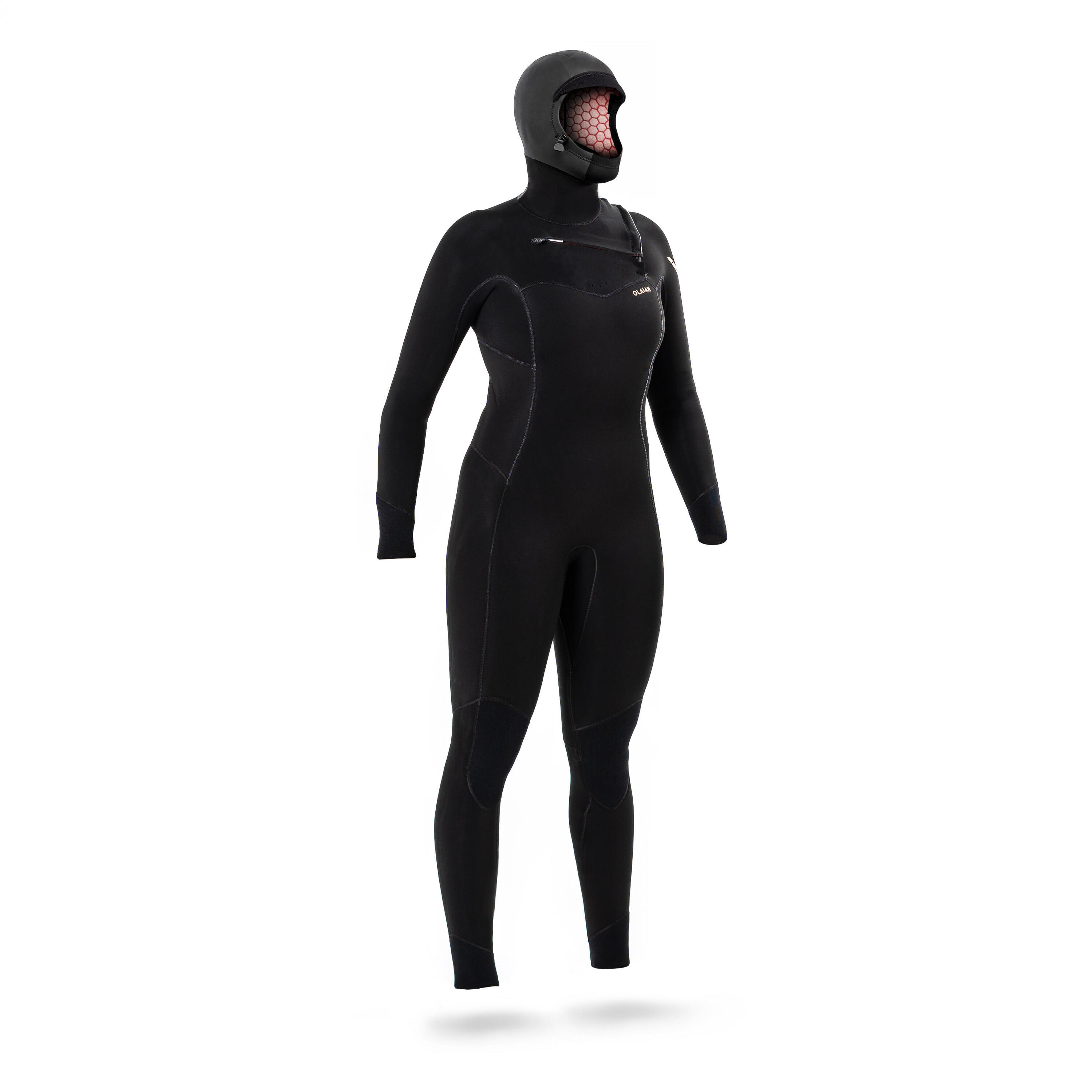 Женский гидрокостюм для серфинга толщиной 5/4 мм с капюшоном и молнией на груди OLAIAN, черный