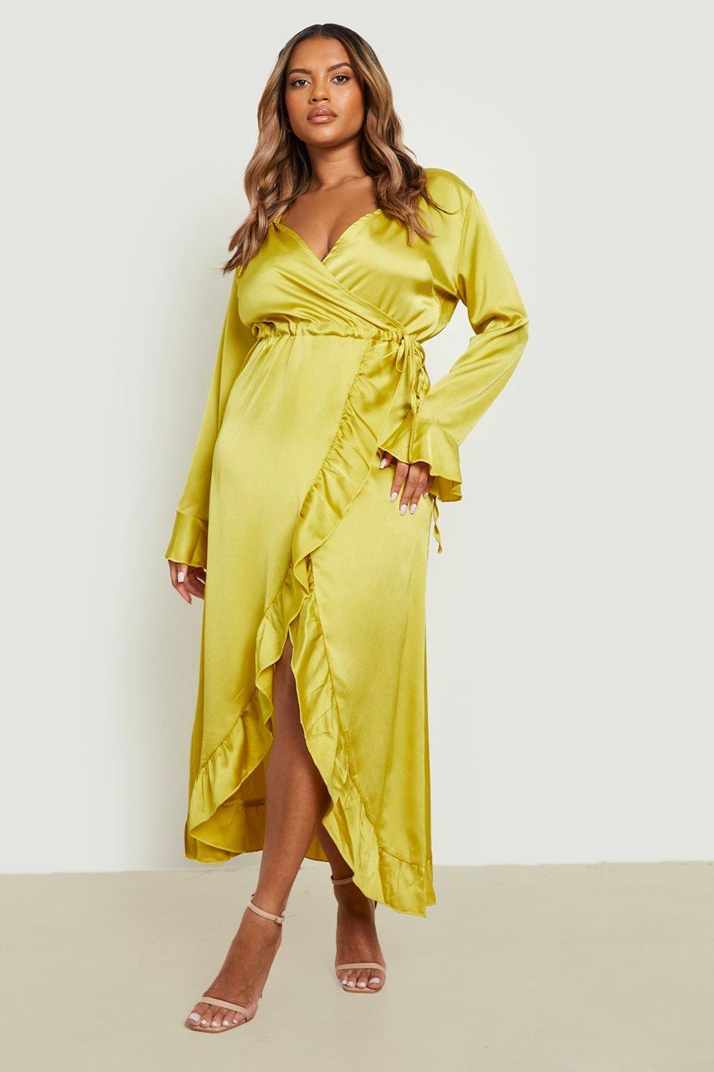 

Платье с запахом и руфлями Boohoo, шартрез
