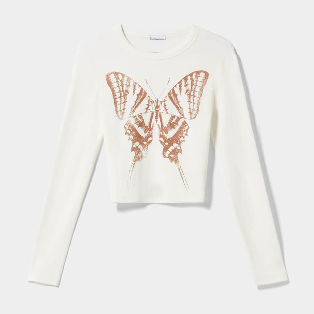 

Лонгслив Bershka Butterfly Print, кремовый