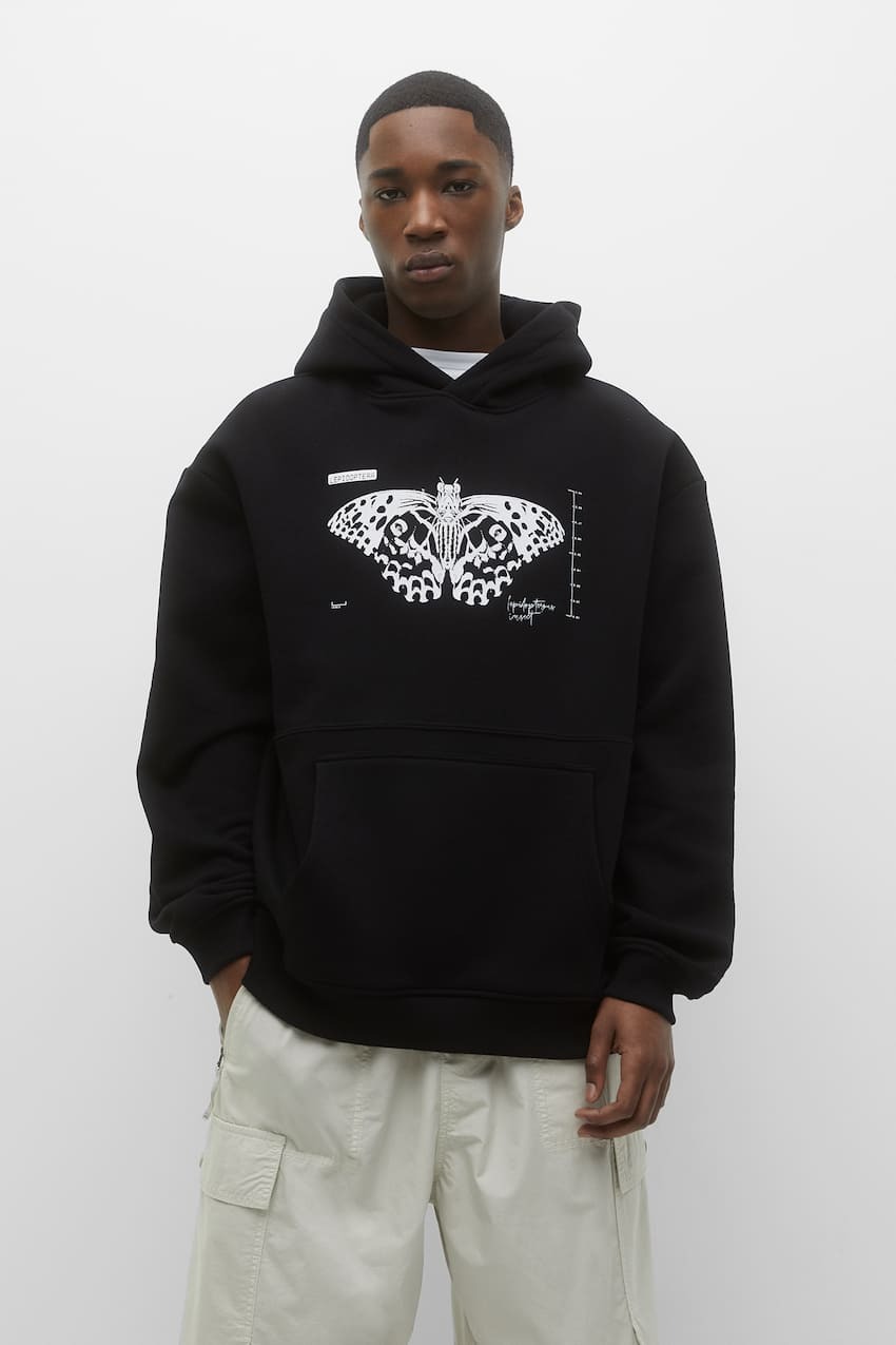 

Толстовка Butterfly с флокированным принтом Pull&Bear, черный
