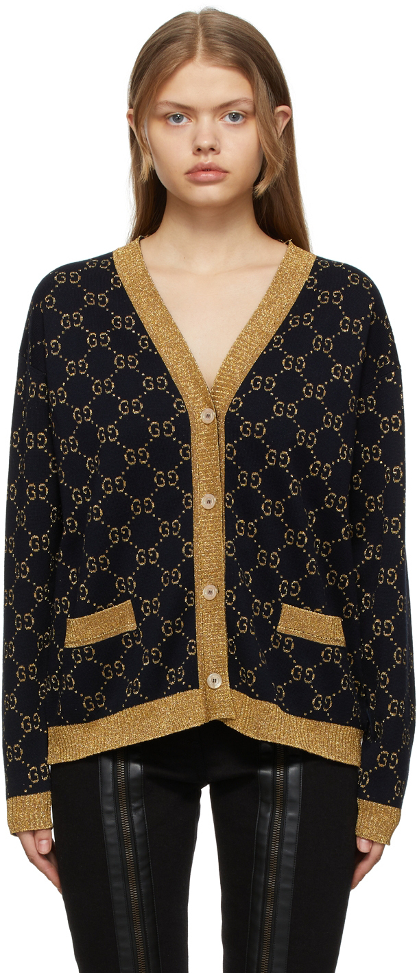 

Темно-синий кардиган из хлопкового ламе с узором GG Gucci