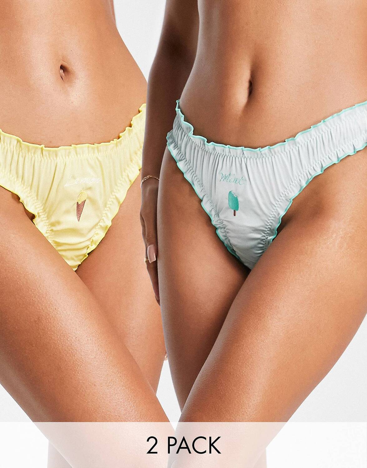 

2 пары атласных стрингов мятно-лимонного цвета с вышивкой и оборками ASOS DESIGN