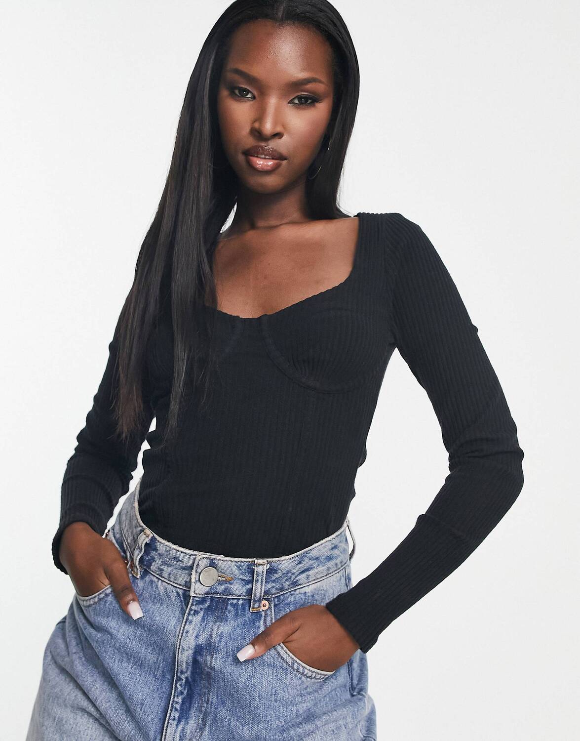 

Черный корсет в рубчик с отворотами на груди ASOS DESIGN