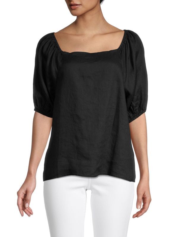 

Льняной топ с пышными рукавами и принтом Saks Fifth Avenue White