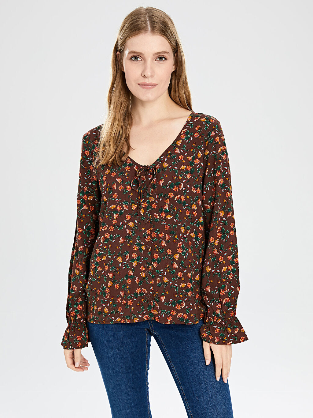 

Женская рубашка из вискозы с длинным рукавом и цветочным узором LCW Casual