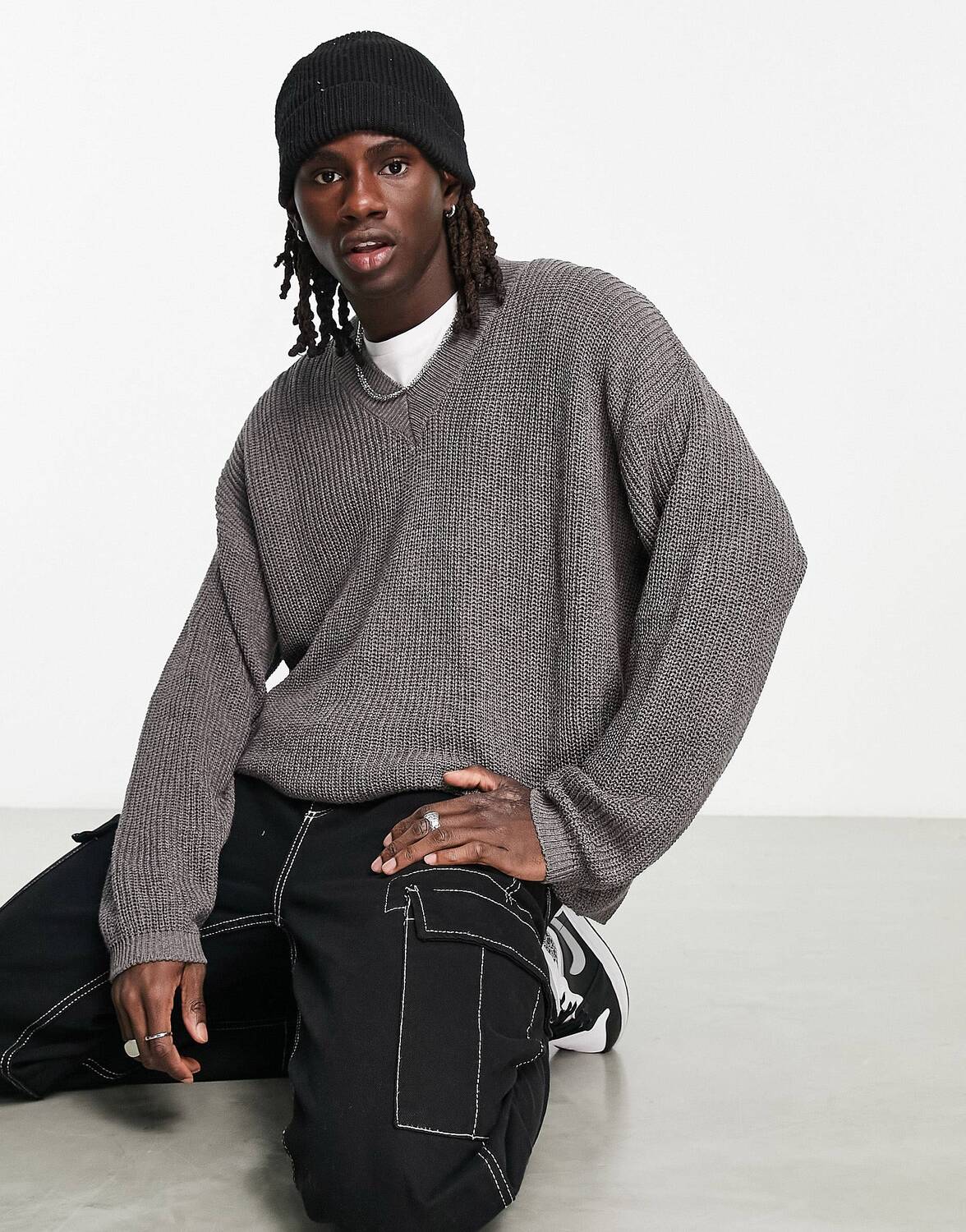 

Коричневый меланжевый вязаный джемпер в рубчик оверсайз ASOS DESIGN