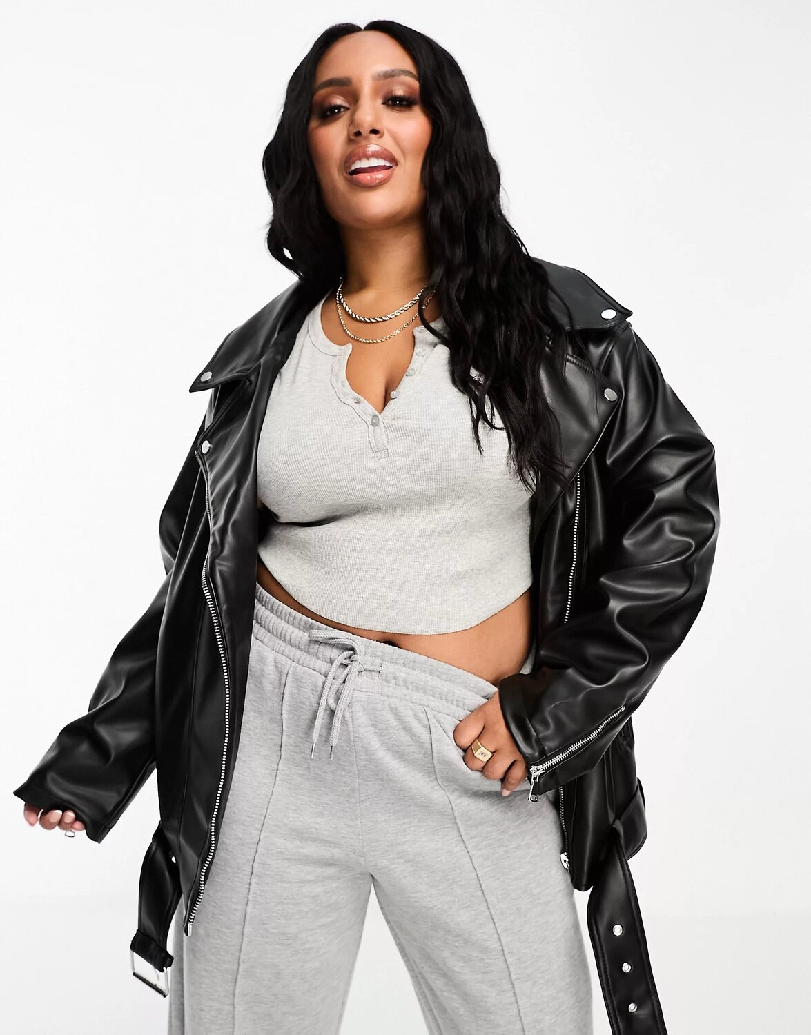 

Куртка Asos Design Curve Longline Oversized Faux Leather Biker, черный