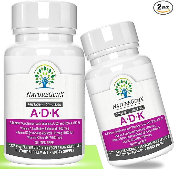 Витаминная добавка NatureGenX ADK (3-в-1) Витамин A, 60 шт. (в упаковке 2 шт.) alpha rise adk 10 витаминная добавка с витаминами a d3 10 000 ме k2 mk7 mk4 – 90 капсул