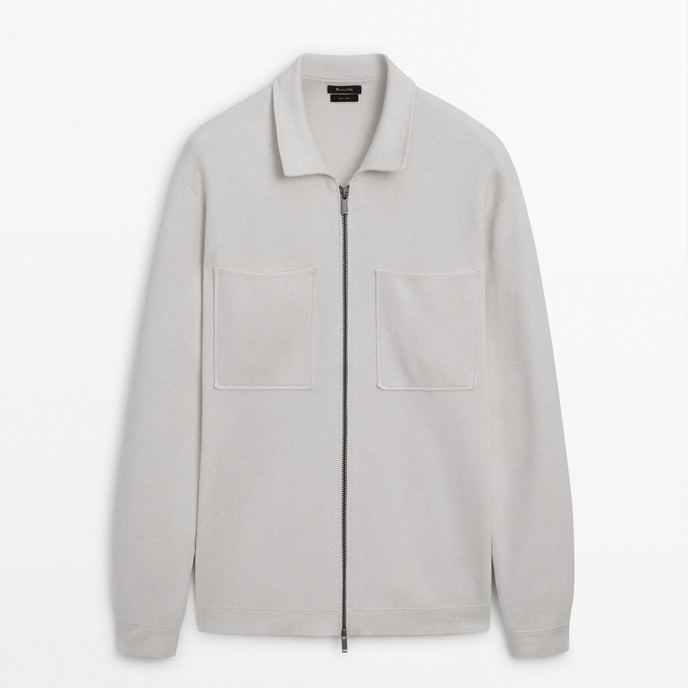 цена Кардиган Massimo Dutti Knit With Zip And Shirt Collar, белый