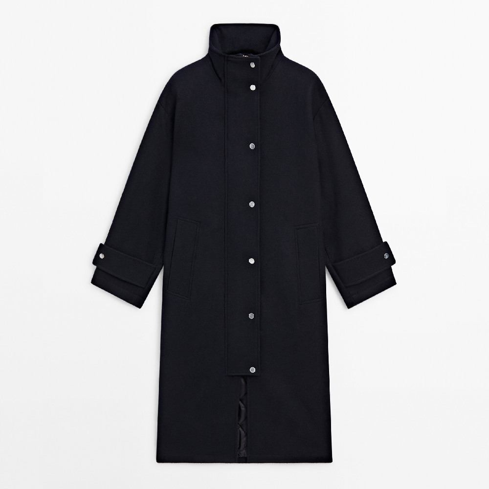 Пальто Massimo Dutti Long Wool With Quilted Lining, темно-синий пальто massimo dutti long black wool blend чёрный