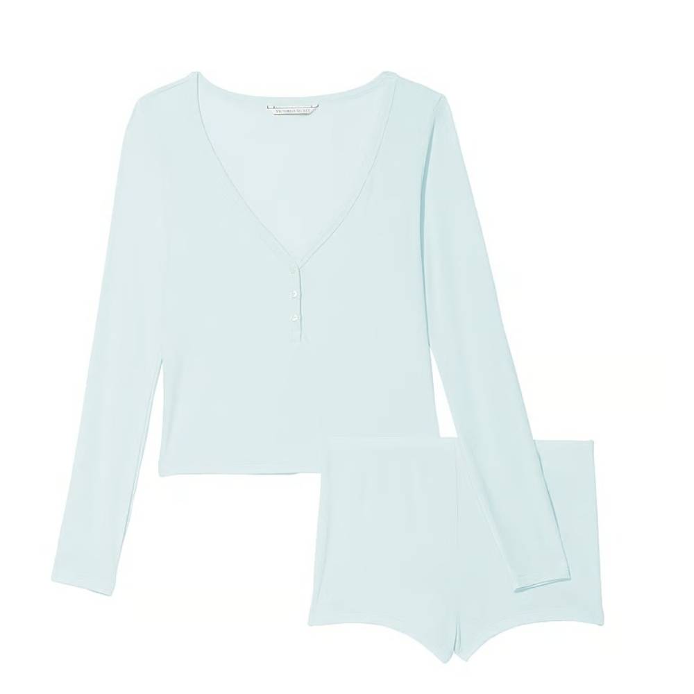 Комплект пижамный Victoria's Secret Ribbed Modal Henley, 2 предмета, светло-голубой комплект пижамный женский из футболки с коротким рукавом и шорт