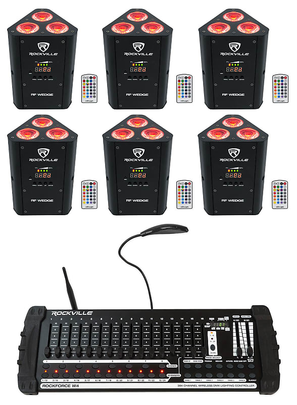 Комплект Rockville RF WEDGE BLACK RGBWA + UV Wireless DMX Up Lights + 384 Ch, Контроллер RF WEDGE BLACK + Rockforce W4