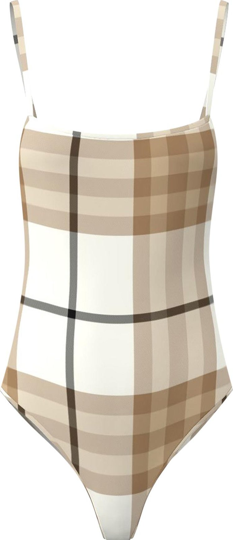 Burberry Check Print Swimsuit Frosted White Beige