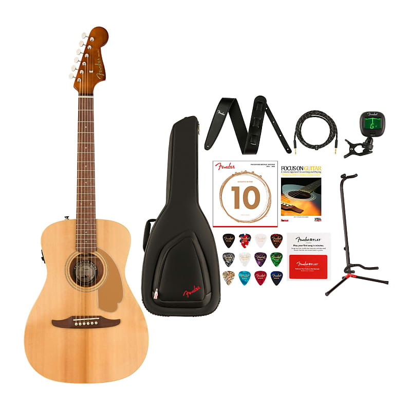 

6-струнная акустическая гитара Fender Malibu Player с чехлом, кожаным ремнем, кабелем, подставкой для гитары, тюнером, струнами для гитары, книгой, медиаторами и картой предоплаты