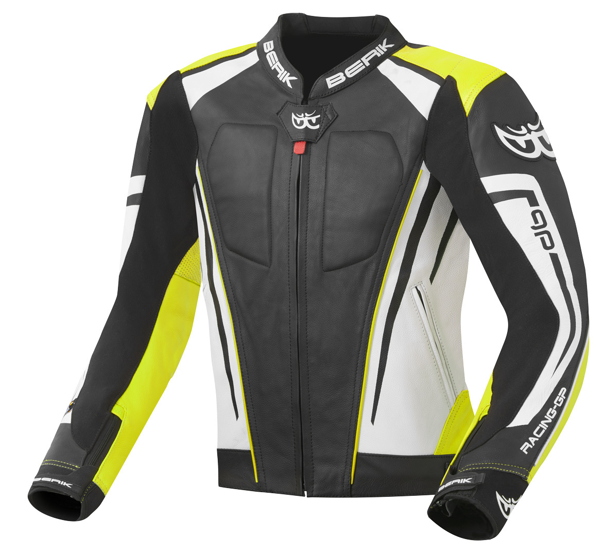 Мотоциклетная кожаная куртка Berik Striper Evo с двойной кожей на локтях и плечах, черный/белый/желтый