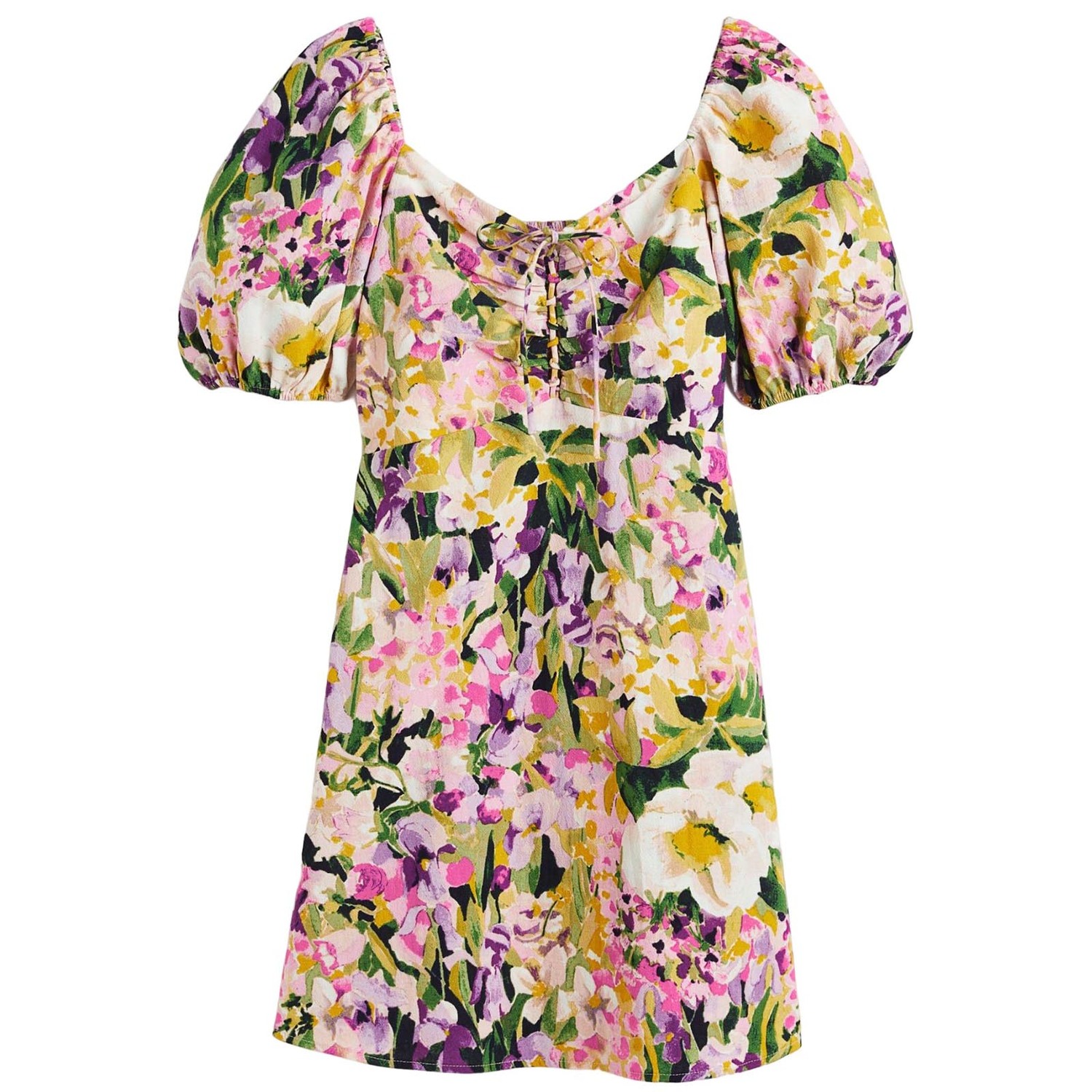 

Платье H&M Floral Puff-sleeved With Lacing, фиолетовый/мультиколор