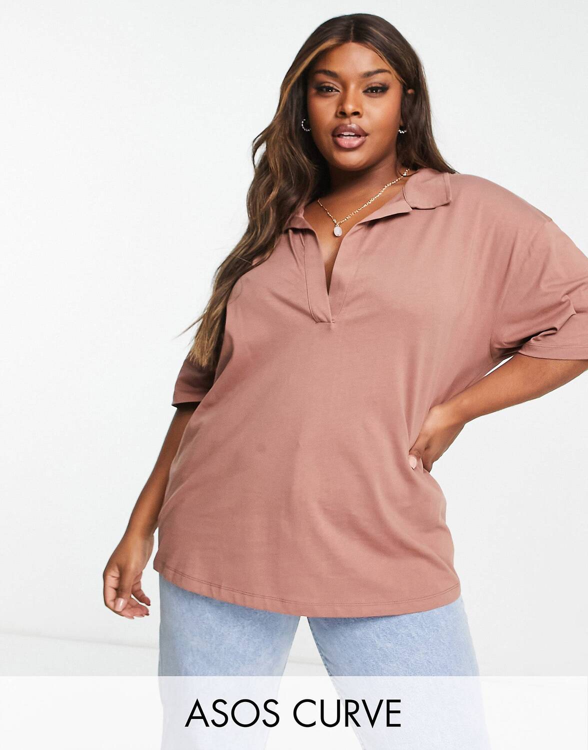 

Коричневая футболка-поло оверсайз ASOS DESIGN Curve, Коричневый