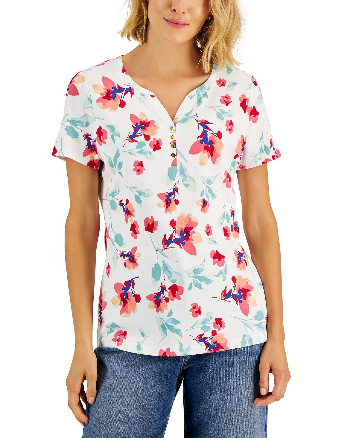 

Женский свободный топ henley с цветочным принтом, созданный для macy's Karen Scott, белый
