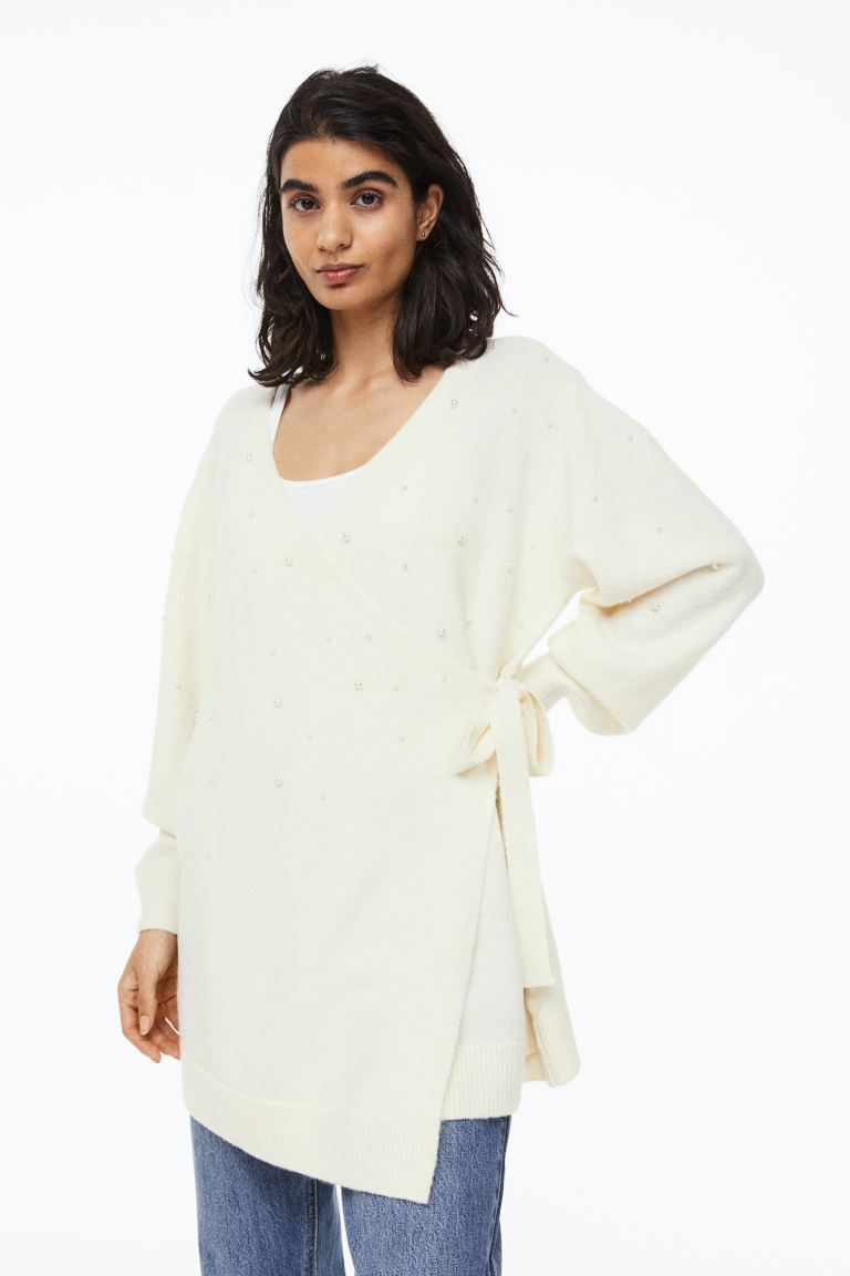 

MAMA Кардиган с запахом и бусинами H&M, крем/бусины