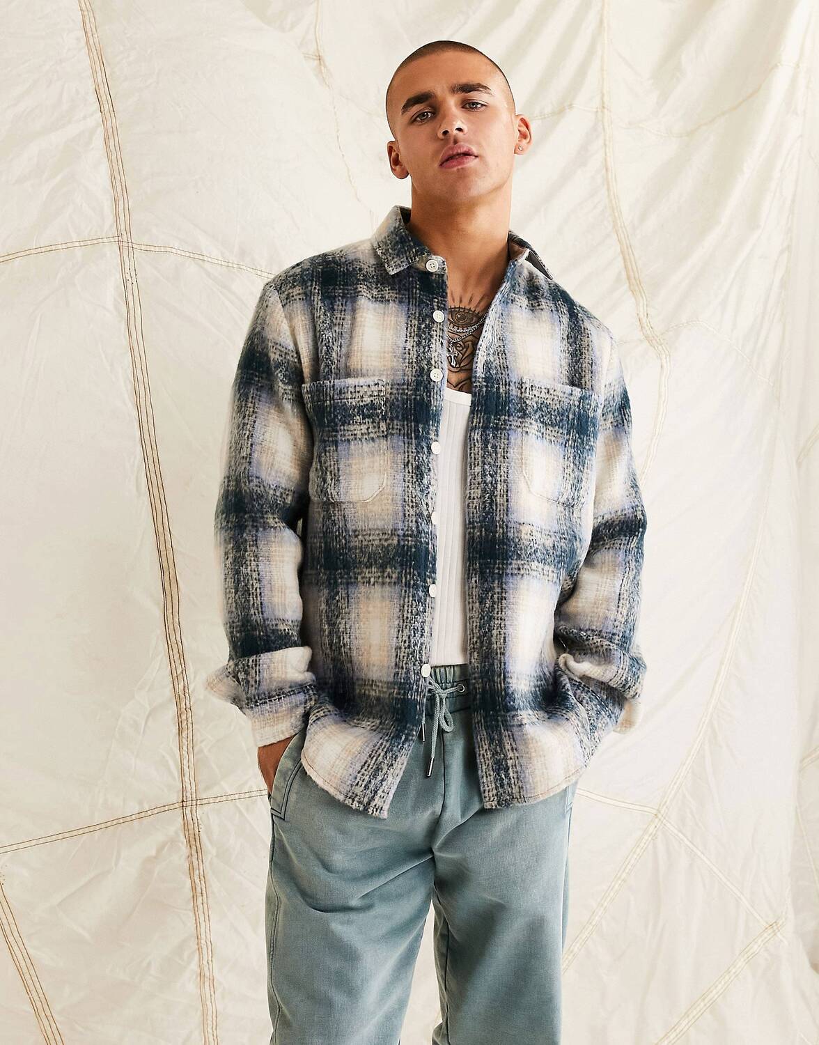 

Синяя клетчатая рубашка с добавлением шерсти ASOS DESIGN