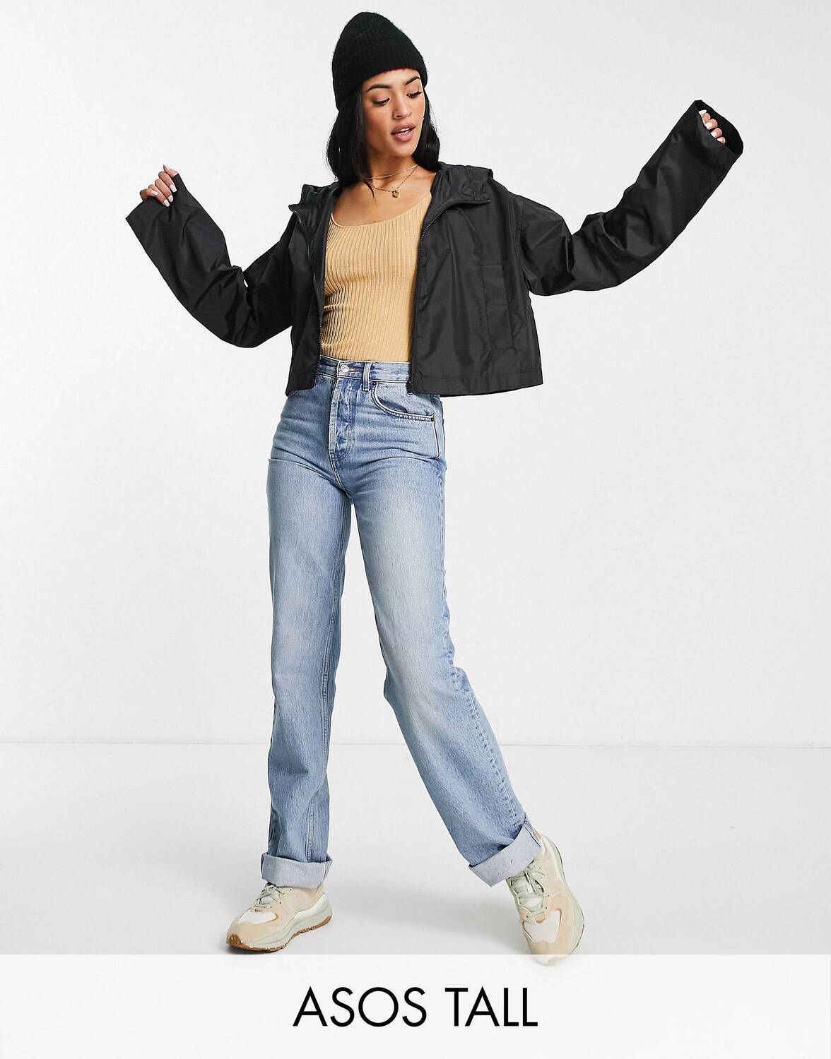 

Черная укороченная куртка-дождевик с капюшоном ASOS DESIGN Tall, Черный