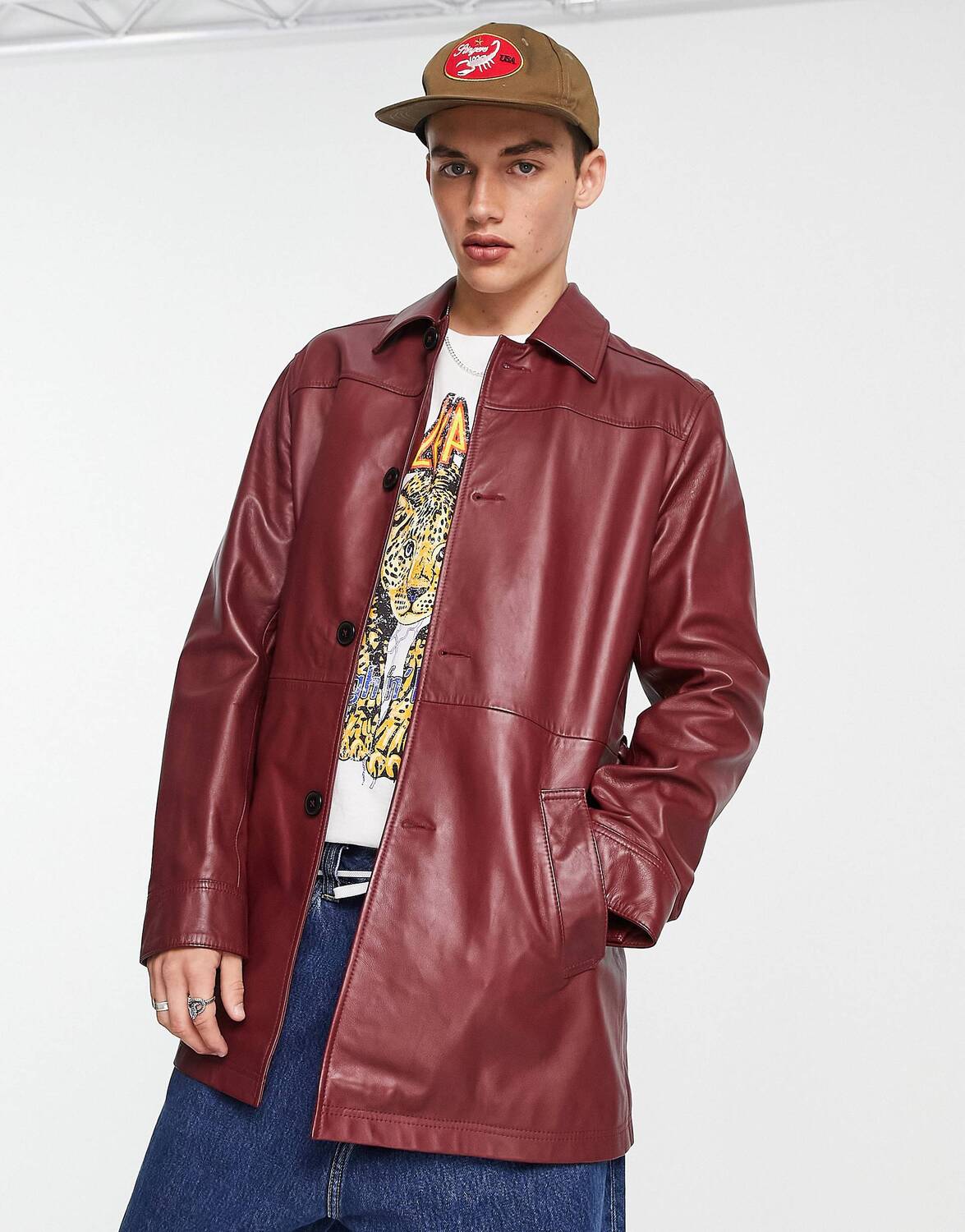 

Бордовый тренч из натуральной кожи ASOS DESIGN, Красный