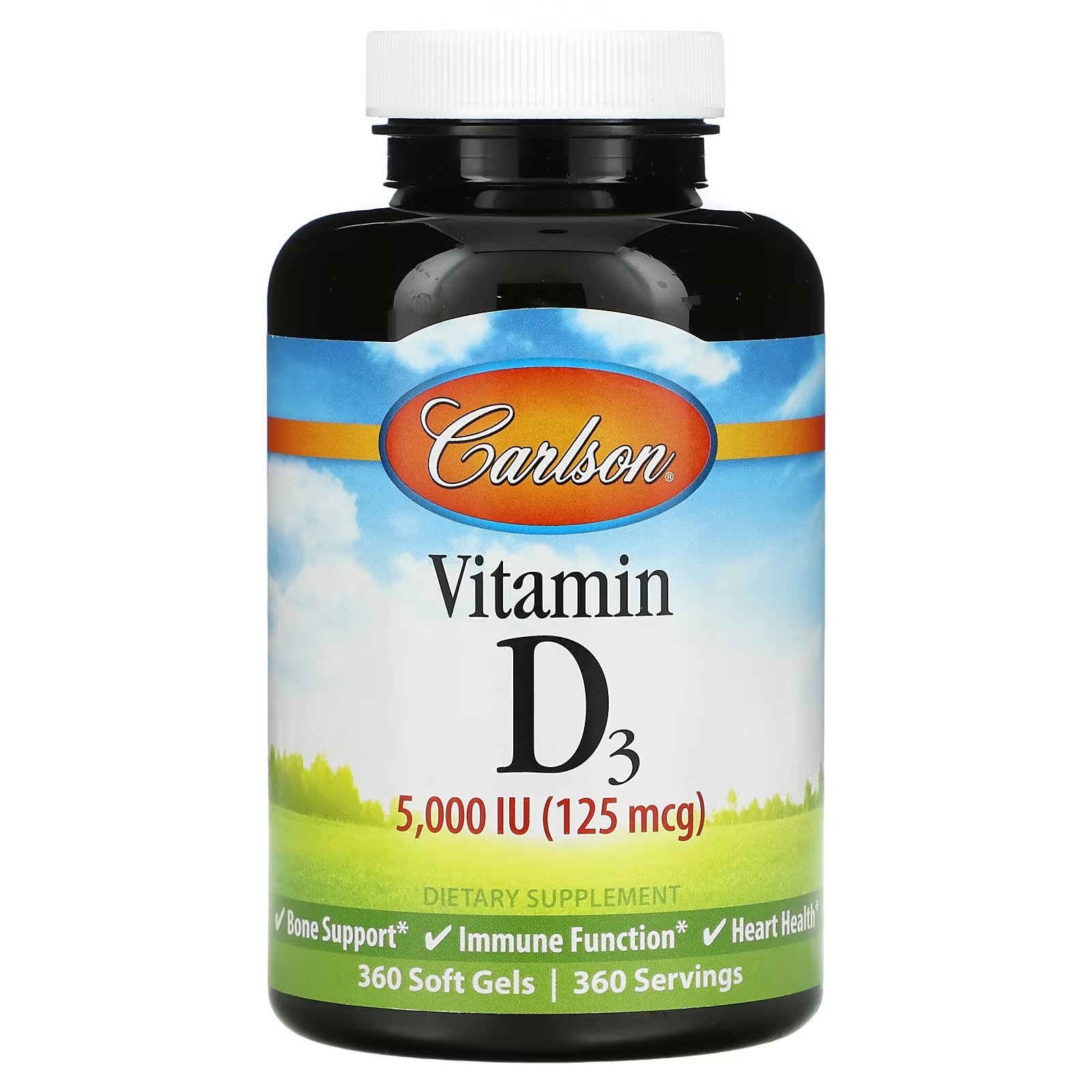 Витамин D3, 125 мкг (5000 МЕ) Carlson, 360 мягких капсул витамин d3 250 мкг 10 000 ме carlson 120 мягких капсул
