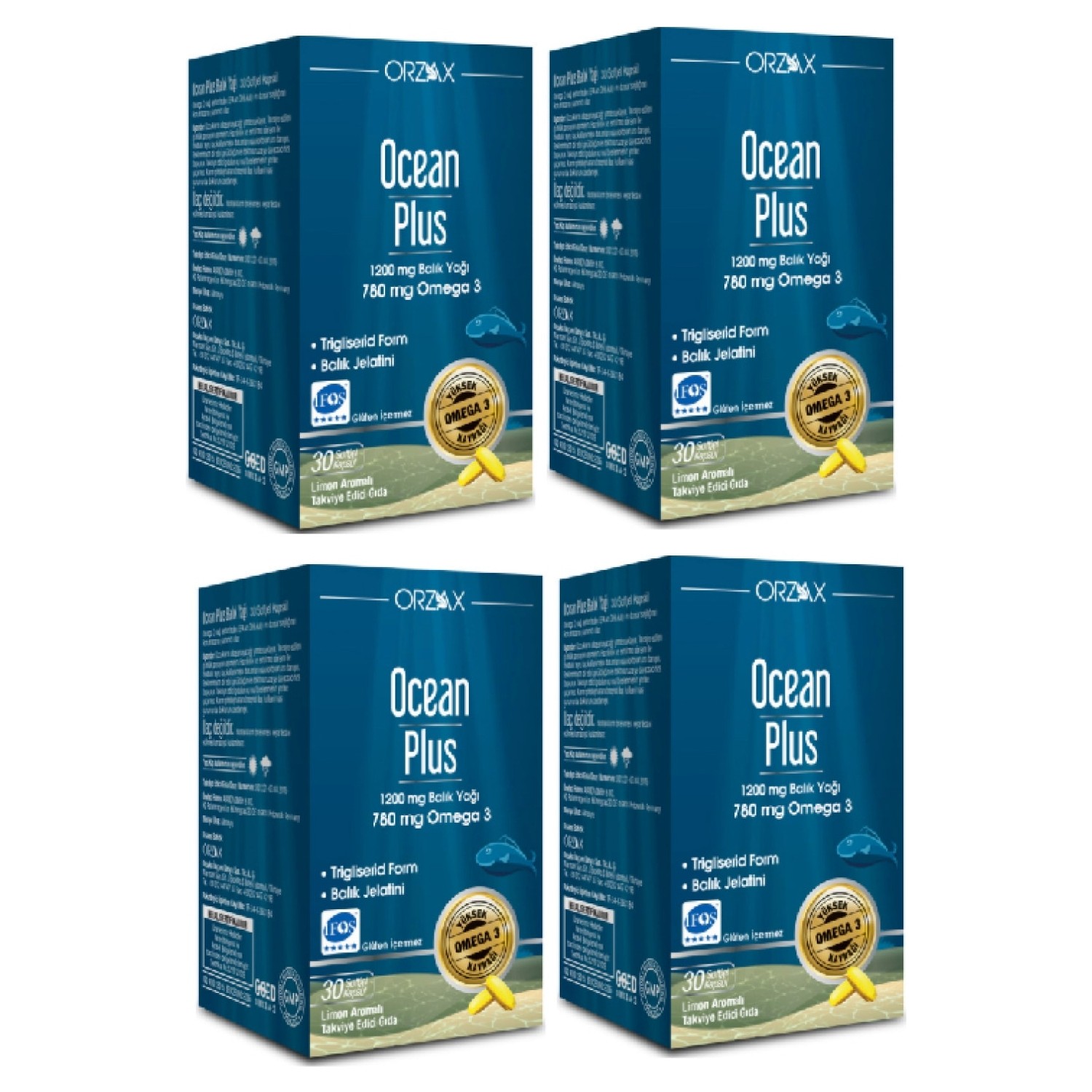 Рыбий жир Ocean Pure Fish Oil 1200 мг, 4 упаковки по 30 капсул deva омега 3 дгк веганский продукт 90 веганских гелевых капсул