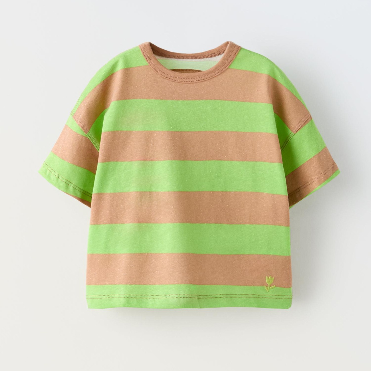 Футболка Zara Striped Embroidered, зеленый/бежевый