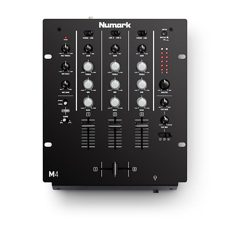 Numark M4 — 3-канальный скретч-микшер DJ, монтируемый в стойку, с 3-полосным эквалайзером, микрофонным входом и сменным кроссфейдером с регуляторами реверса и наклона Numark M4BLACKXUS 3-Channel Scratch Mixer фото