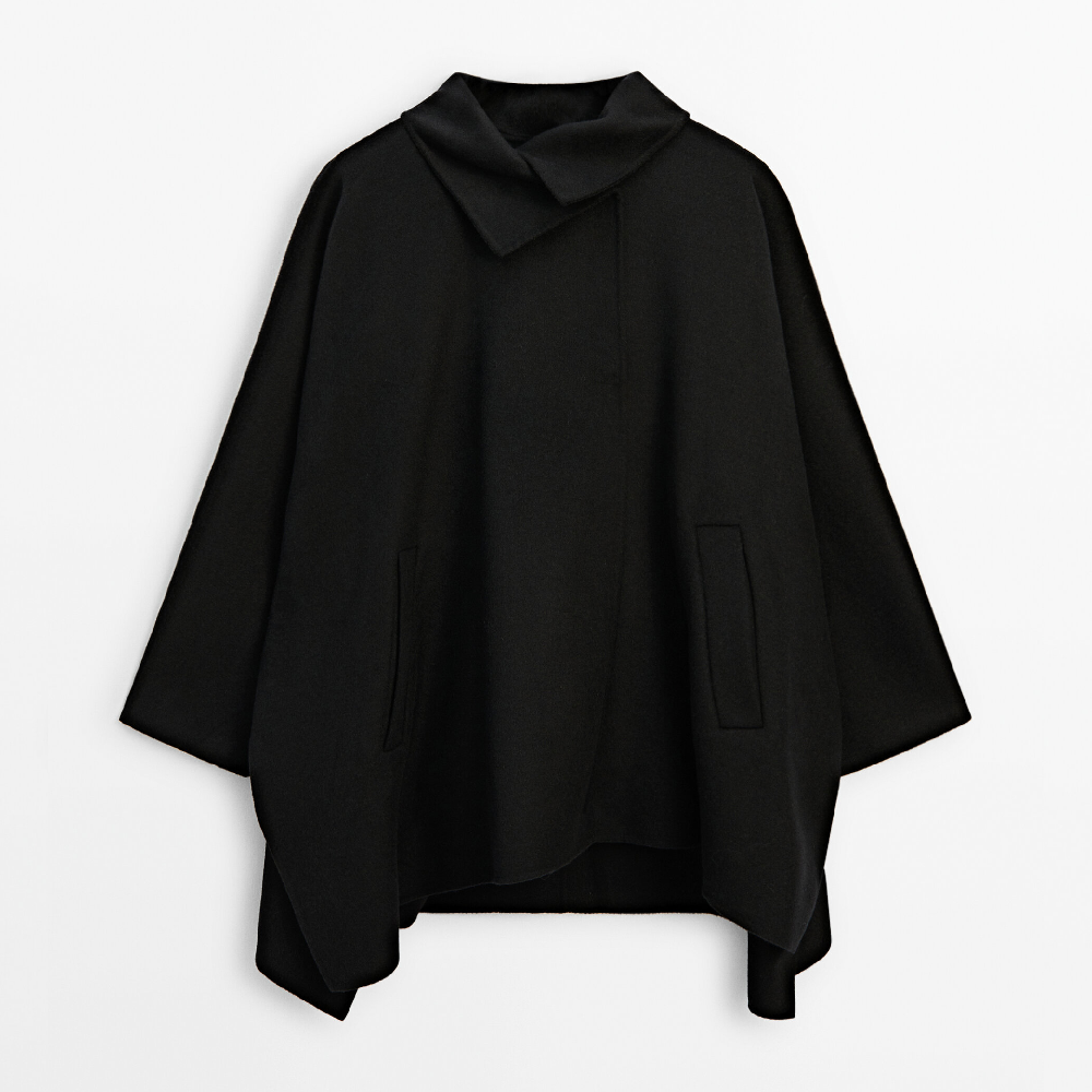 Пальто-кейп Massimo Dutti Wool Blend, черный пальто massimo dutti wool blend coat with shirt collar хаки