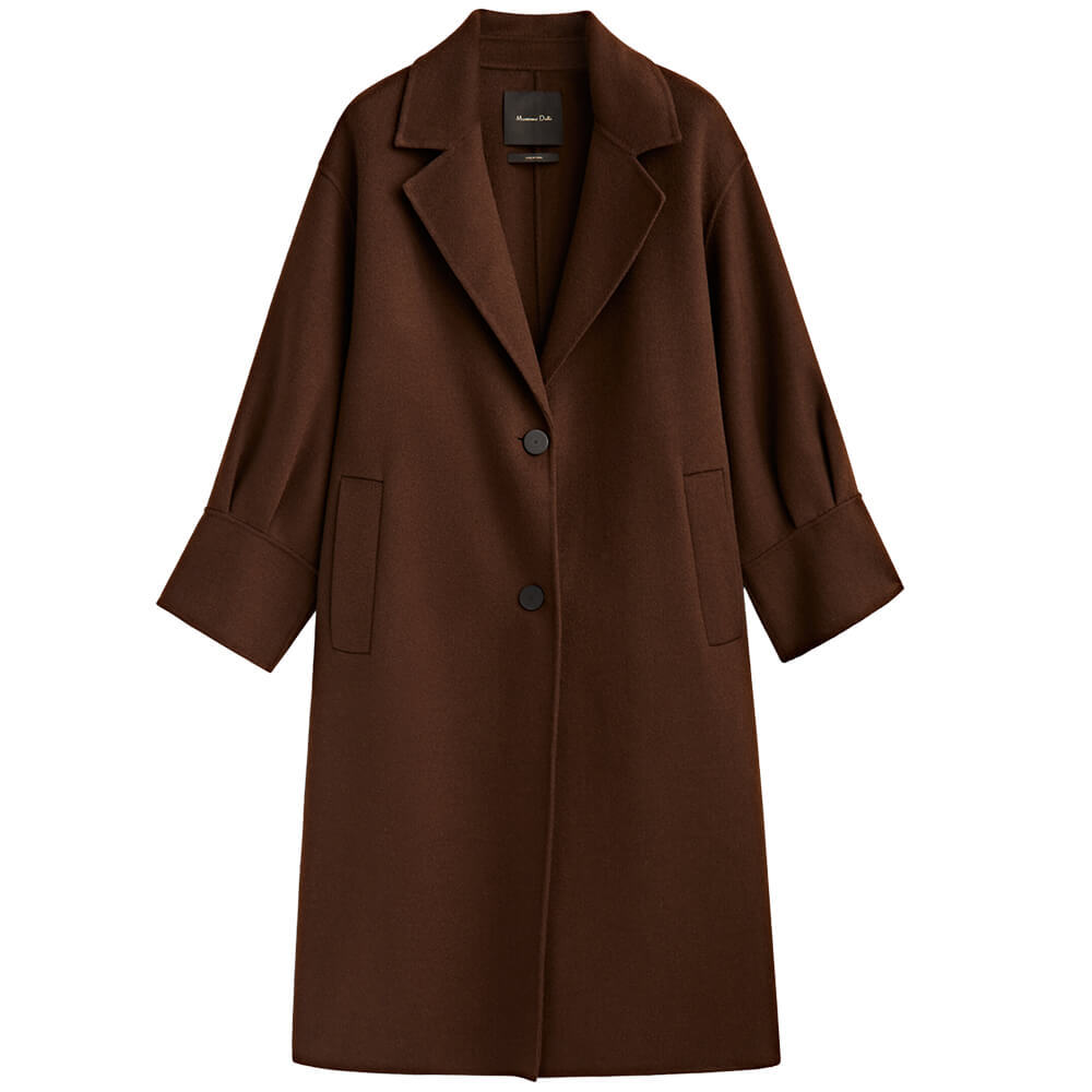 

Пальто Massimo Dutti Wool Blend With Pleated Sleeves, шоколадный