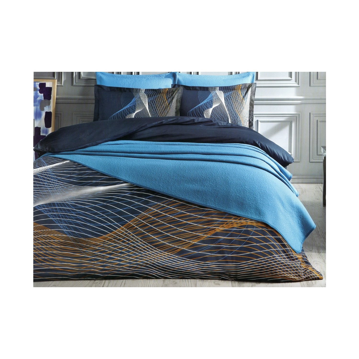 Комплект постельного белья Комплект покрывала и пододеяльника для двуспальной кровати Ozdilek Resumo темно-синего цвета