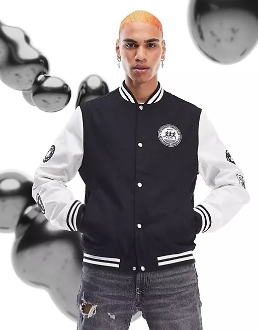 

Университетская куртка оверсайз с логотипом и контрастными рукавами ASOS DESIGN, черный