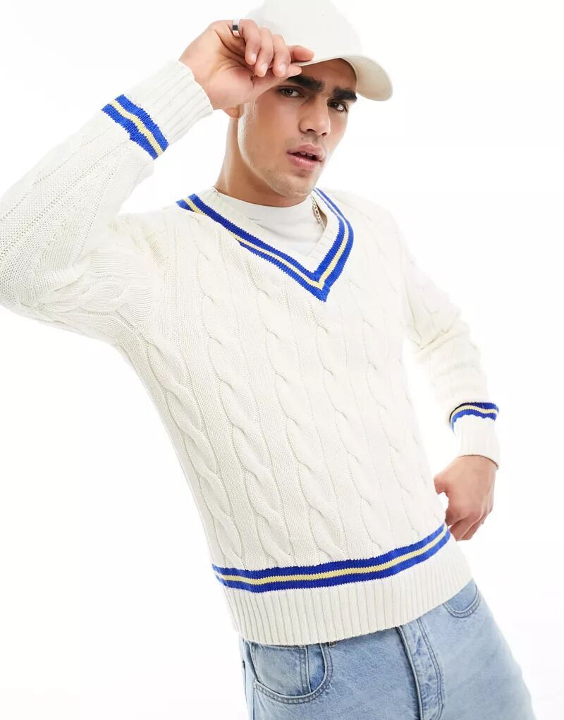 

Кремовый/темно-синий хлопковый свитер вязанной вязки Polo Ralph Lauren Cricket