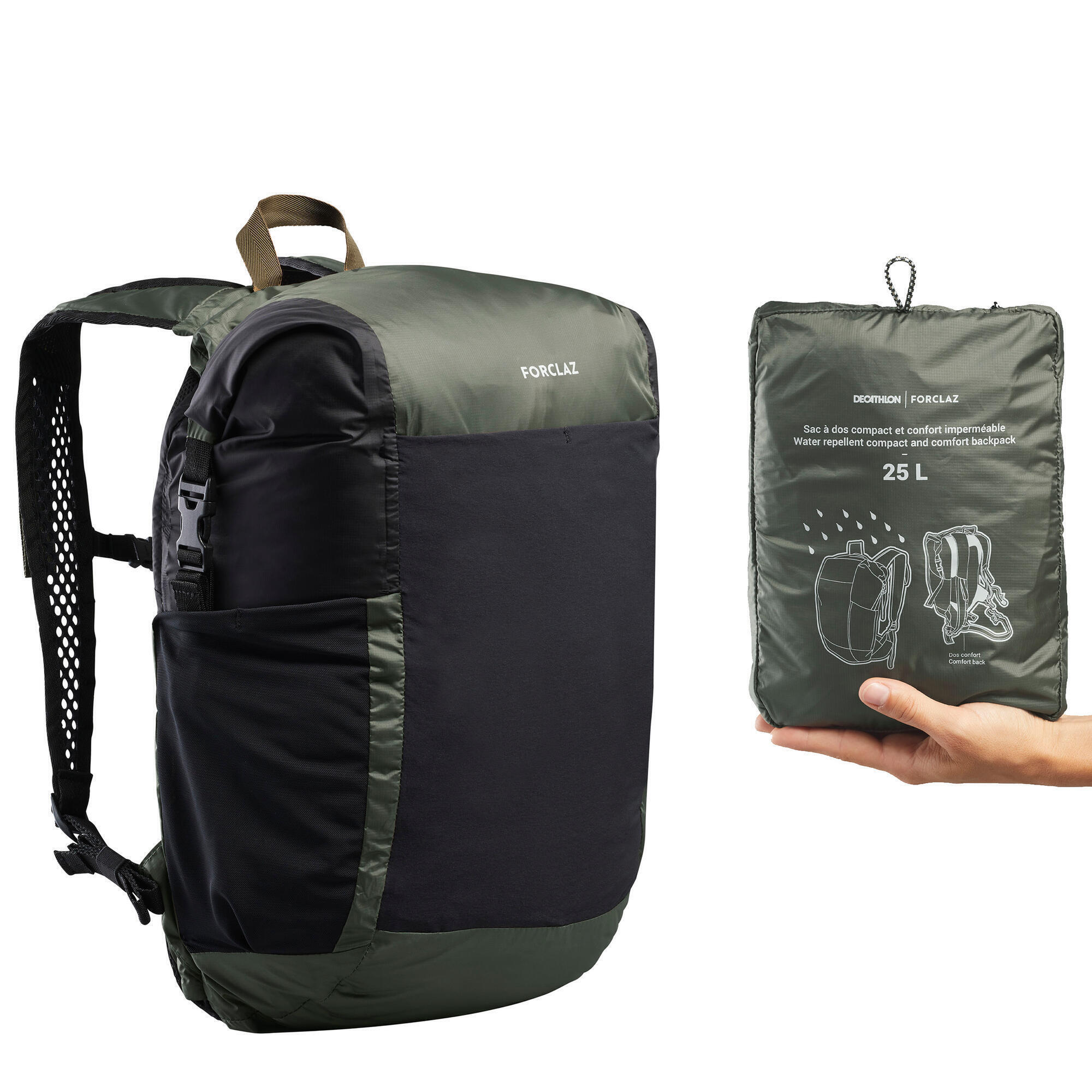 Рюкзак туристический складной Forclaz Travel 25 л, зеленый/серый цена и фото
