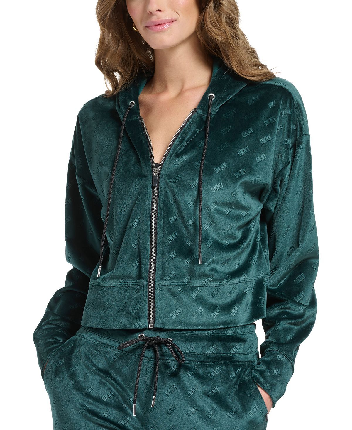 

Женская платиновая велюровая худи на молнии с логотипом DKNY, мульти