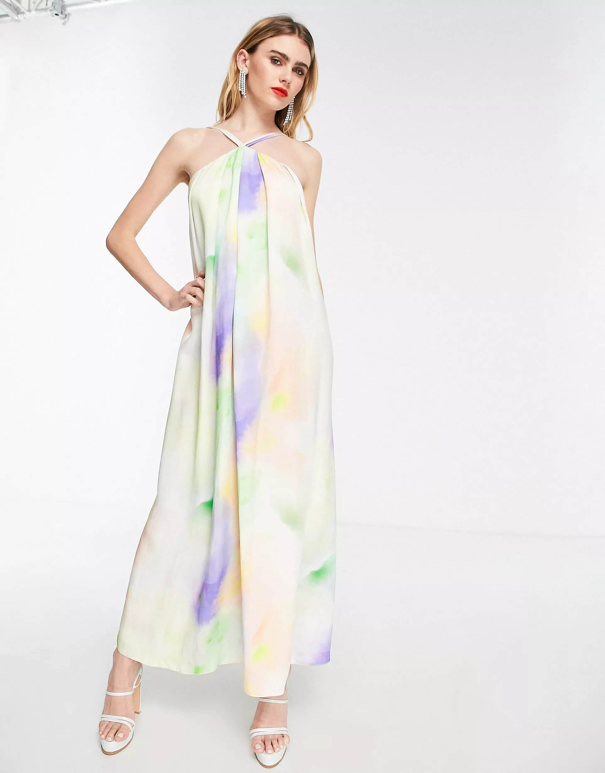 Платье-миди Asos Edition Linen Cutout Neck Watercolor Style, светло-зеленый/сиреневый