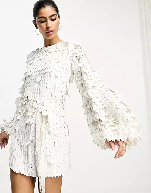 

Платье Asos Design all over feather sequin embellished long sleeved, белый